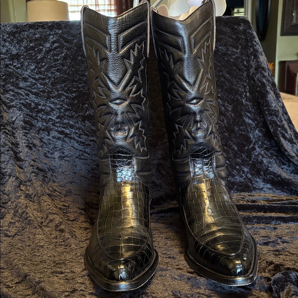 Mezlan Black Croc-Textured Leather Western Cowboy Boots